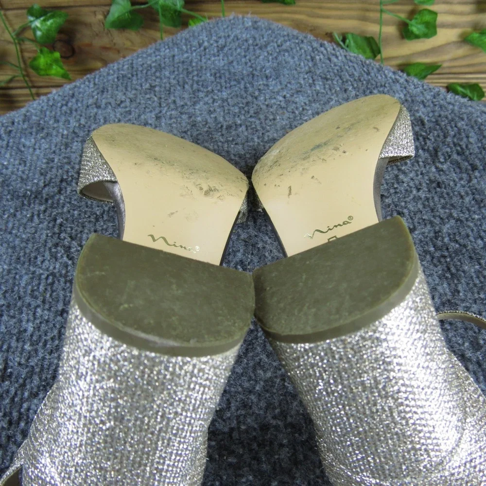 Nina Gold Glitter Block Heel Sandals‎ Women's Size 6 Open Toe Ankle Strap Heels